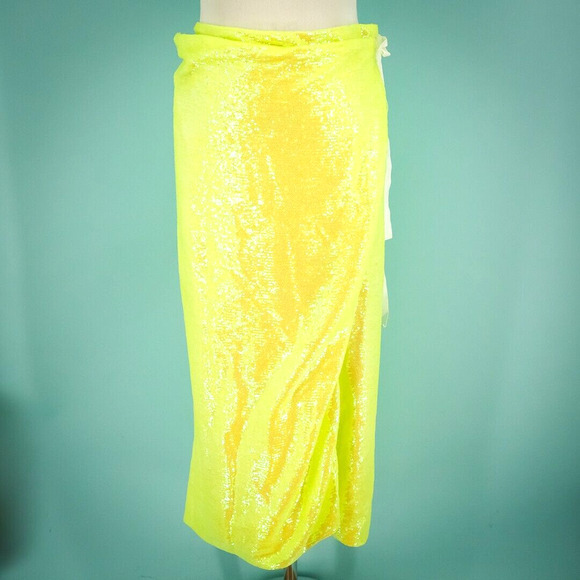 MM6 Maison Margiela One Size Navetta Sequin Disco Midi Wrap Skirt Neon Yellow - Picture 1 of 8